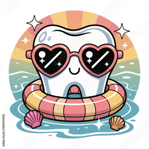 A super cute molar tooth in a summer beach theme, in sparkling kawaii style, wearing heart-shaped sunglasses and floating on a pool ring, surrounded by seashells and small waves.