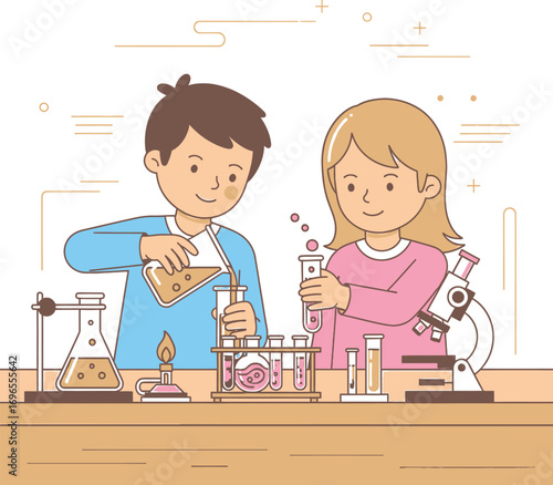 Young boy and girl scientists working together on a chemistry project in the classroom, a fun educational concept of learning and discovery