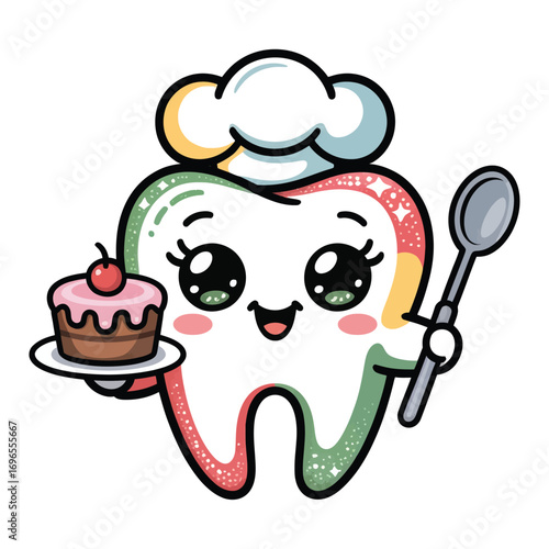 An adorable "chef" in a shiny kawaii style with molar teeth, wearing a chef's hat and holding a cake bowl.