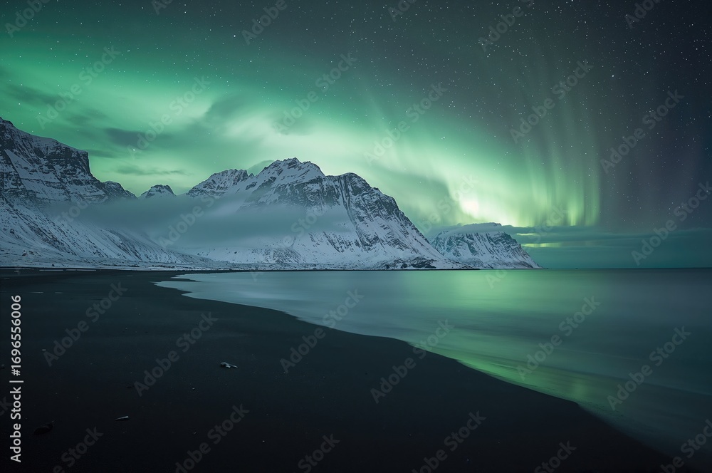 Fototapeta premium Mesmerizing Aurora Lights Over Snow-Covered Peaks and Misty Shores