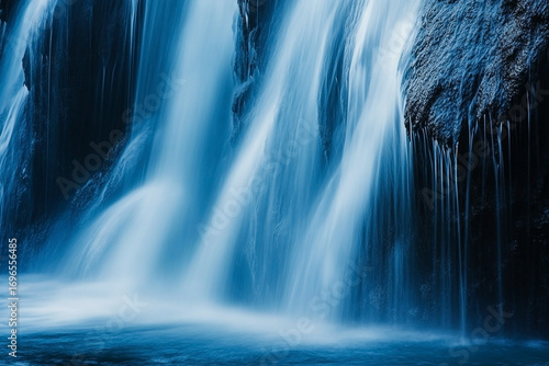 Serene waterfall cascading down a rocky cliff face in dreamy blue tones