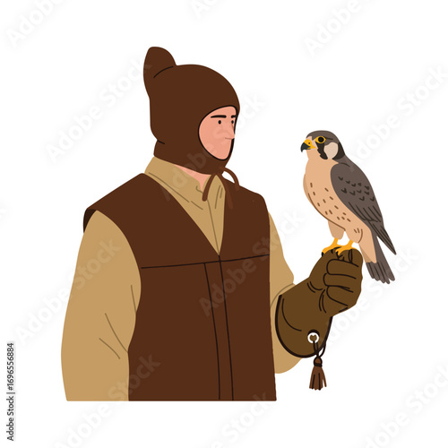 Man wearing a hood and vest holding a falcon on a gloved hand