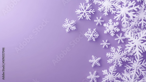Serene winter background with festive white snowflake decoration. purple backdrop with falling snow crystals creates beautiful and calm Christmas greeting card concept