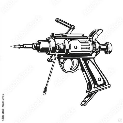 Retro futuristic ray gun with detailed design evoking space exploration and science fiction themes rendered in black and white