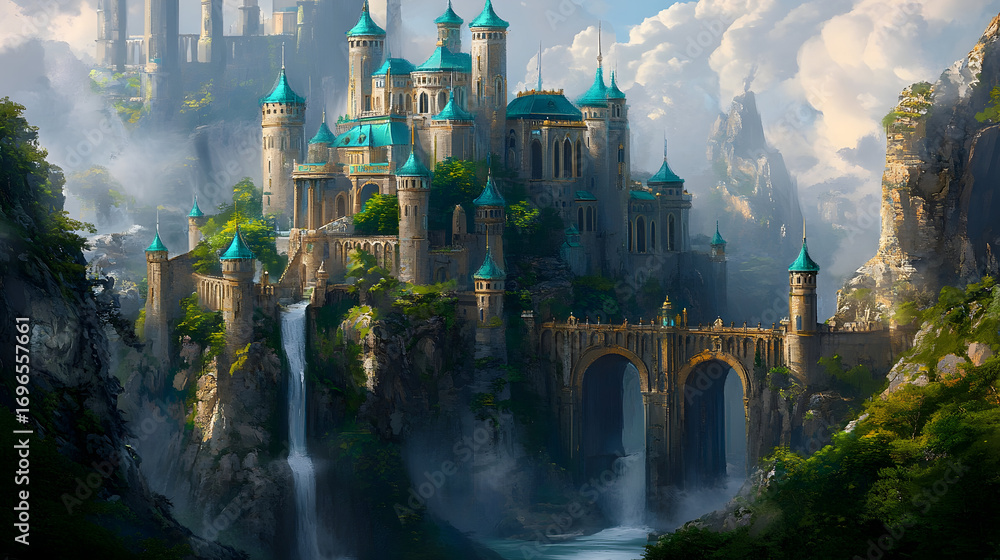 Fototapeta premium Majestic fantasy castle on a rocky cliff amidst mystical misty mountains