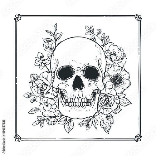 Floral skull design with detailed line art for creative projects. Vector hand drawn illustration