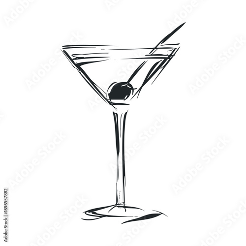 Classic cocktail glass with olive garnish for social gatherings. Vector hand drawn illustration