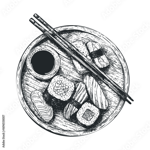 Delicious sushi platter with soy sauce and chopsticks ready to enjoy. Vector hand drawn illustration