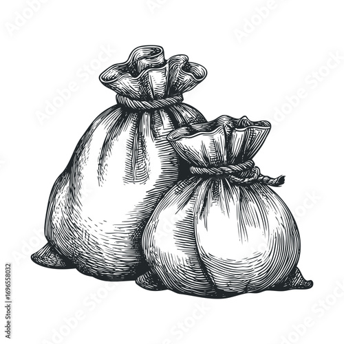 Bags filled with treasure resting on a wooden table. Vector hand drawn illustration