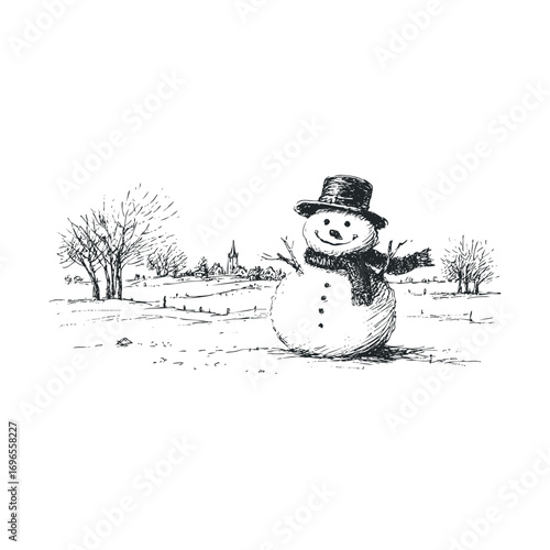 Winter wonderland with cheerful snowman and snowy landscape. Vector hand drawn illustration