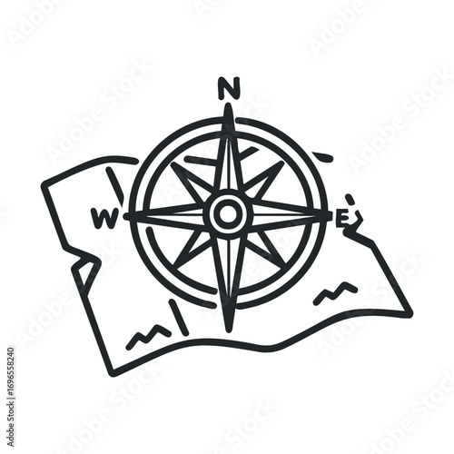 Compass on a map for navigation and travel direction planning. Vector line illustration