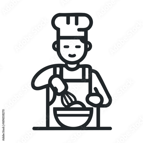Chef preparing a delicious meal in a modern kitchen setting. Vector line illustration