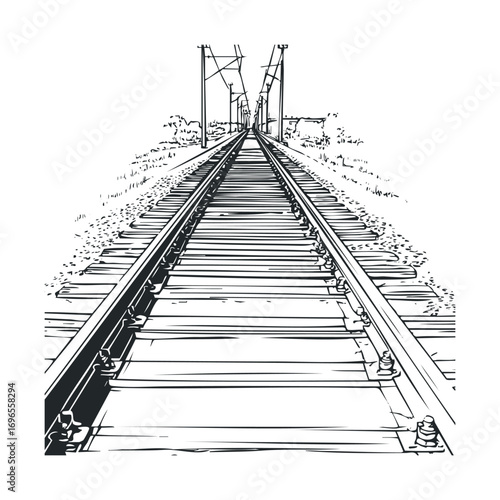 Train tracks stretching into the distance along a rural landscape. Vector hand drawn illustration
