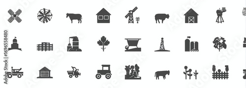 Rural Life Icons in Dark Gray Depicting Farm Life and Agricultural Elements on White Background