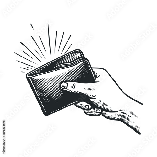 Hand holding an open wallet showing cash and excitement. Vector hand drawn illustration