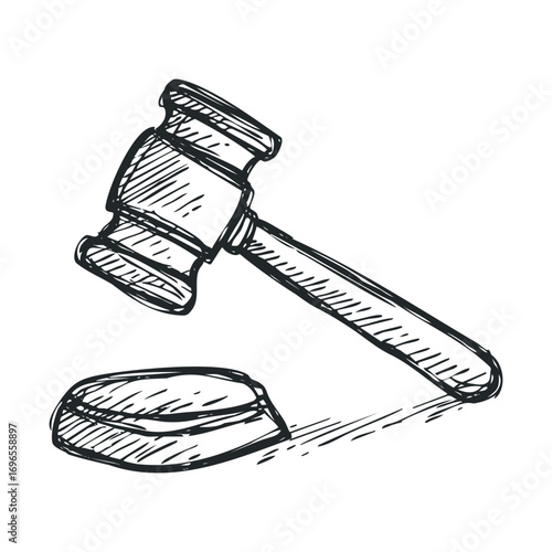 Legal concept featuring a gavel and sound block for court settings. Vector hand drawn illustration