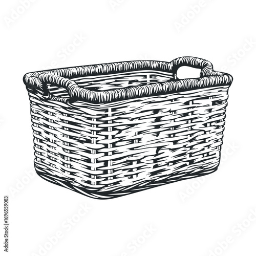 Woven basket for storage and organization in home decor. Vector hand drawn illustration