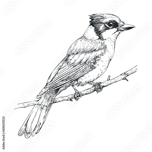 Blue jay perched on a branch in detailed sketch style artwork. Vector hand drawn illustration