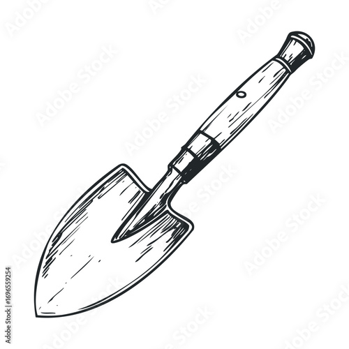 Garden trowel for planting and landscaping use in outdoor settings. Vector hand drawn illustration