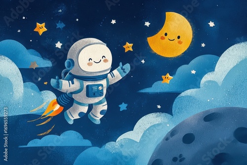 Whimsical Astronaut Adventure among Stars and Clouds Reaching for the Moon with a Friendly Smile and a Thruster Backpack