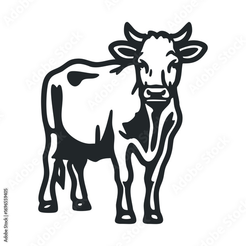 Cow standing in a field with calm demeanor and relaxed posture. Vector line illustration