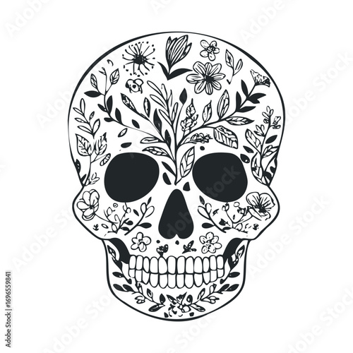 Floral skull design symbolizing life and death for art. Vector hand drawn illustration