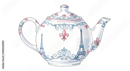 Elegant teapot with floral designs and Eiffel Tower motif on a transparent background
