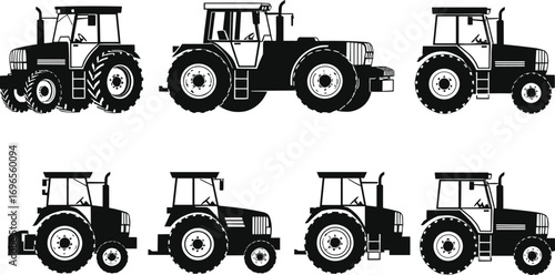 Collection of modern tractor vector silhouettes in side view, perfect for agricultural, rural, farming equipment design and field machinery use.