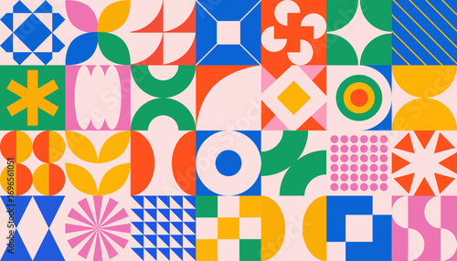 Abstract vector geometric background for your design. Bauhaus style.Vector illustration.Groovy retro shapes. Y2K retro badges for poster logo design.