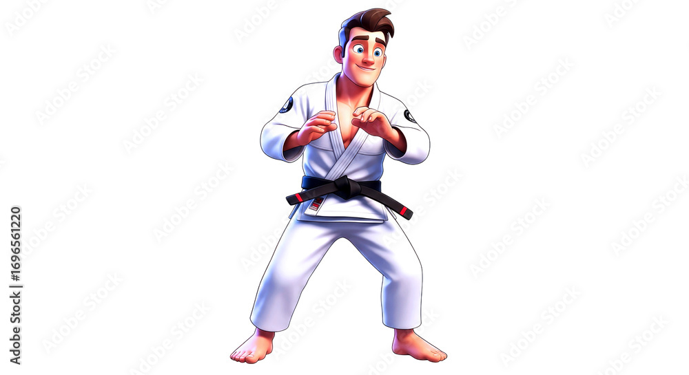 Naklejka premium 3d cartoon jiujitsu master poised for action, confident stance, undefeated champion, isolated on transparent background