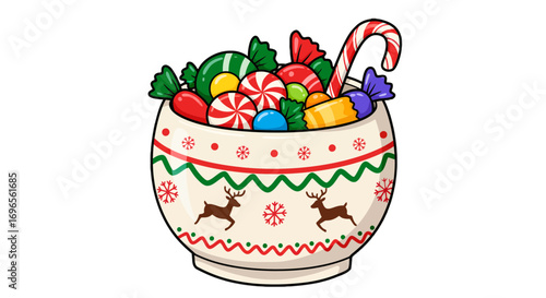 Holiday candy bowl christmas sweets festive treats reindeer design illustration graphic season joy on transparent background