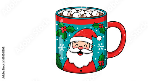 Festive holiday santa mug with cocoa and marshmallows winter season christmas illustration graphic design on transparent background