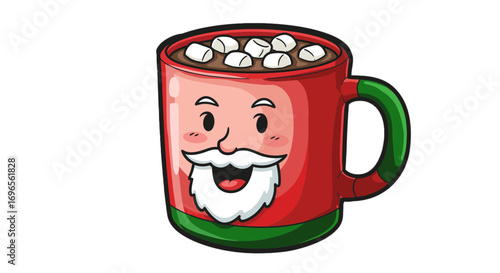 Festive cocoa mug with santa face and marshmallows for winter holiday season celebration warmth on transparent background