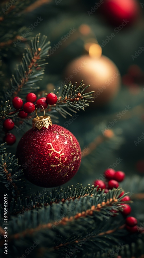 Fototapeta premium Red and Gold Ornaments Adorning a Festive Pine Branch