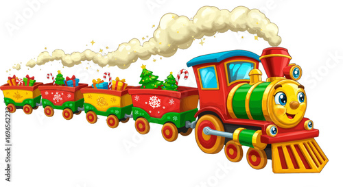 Holiday steam engine toy train with christmas gifts and trees cartoon illustration for seasonal fun on transparent background