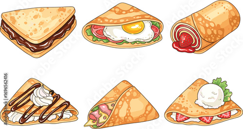 Assorted sweet and savory crepes with fruits, vegetables, cream, chocolate, ham, and egg toppings for gourmet food menu design illustration