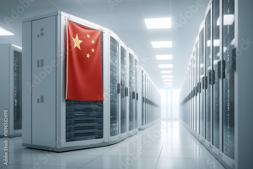 Interior of Modern Data Center With Server Racks and Chinese Flag, Representing Cloud Infrastructure, National Data Sovereignty, and High-Tech Development in China