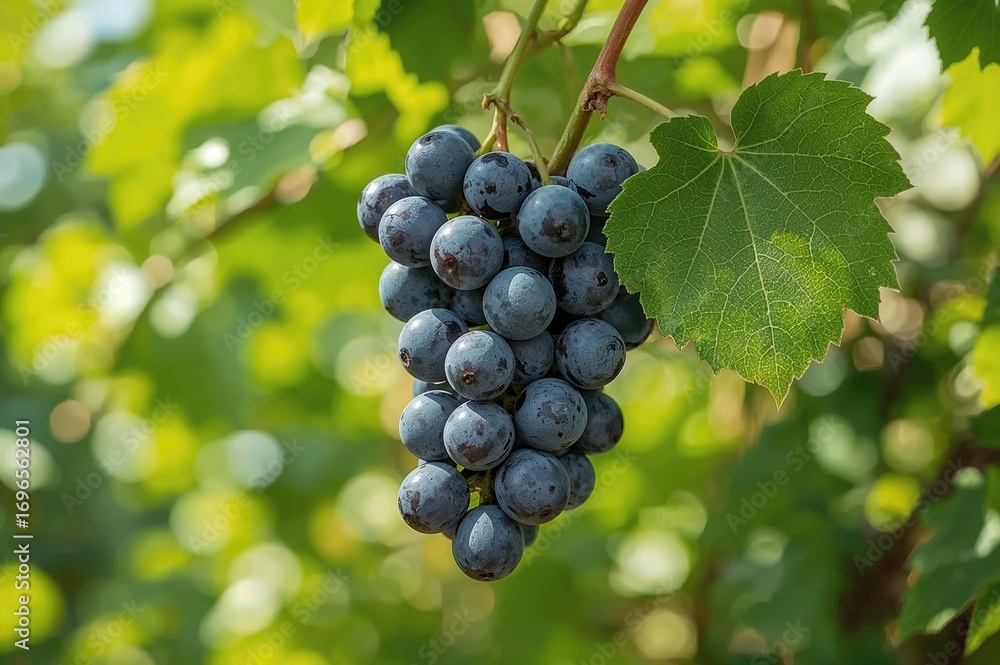 Cluster of grapes with a leaf resting on a vibrant green backdrop Cluster of grapes with a leaf resting on a vibrant green backdrop