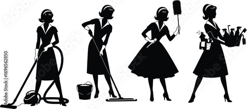 Retro women cleaning with vintage tools in silhouette style, vacuuming, mopping, dusting, housekeeping, and holding cleaning supplies.