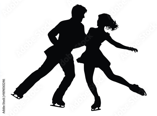 Silhouette of figure skating pair performing on the ice with skill and artistry in black and white style