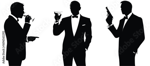 Silhouette of men in tuxedos poses a secret agent theme for mysterious backgrounds and graphic design projects