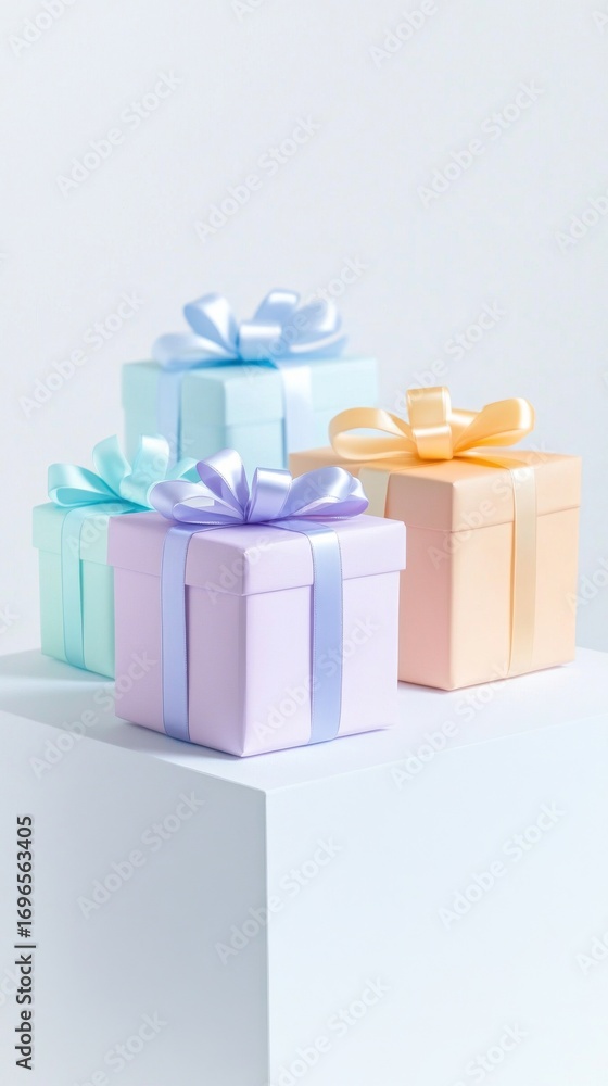 Fototapeta premium Stacked pastel gift boxes with colorful ribbons on a white pedestal