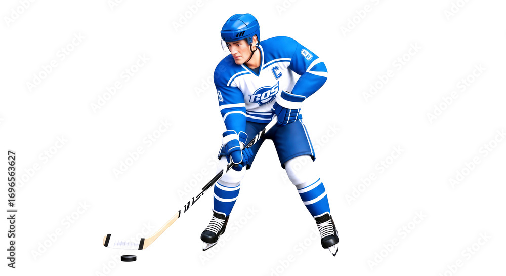 Fototapeta premium 3d cartoon hockey player intense gameplay action, dynamic pose, blue uniform, realistic animation, isolated on transparent background