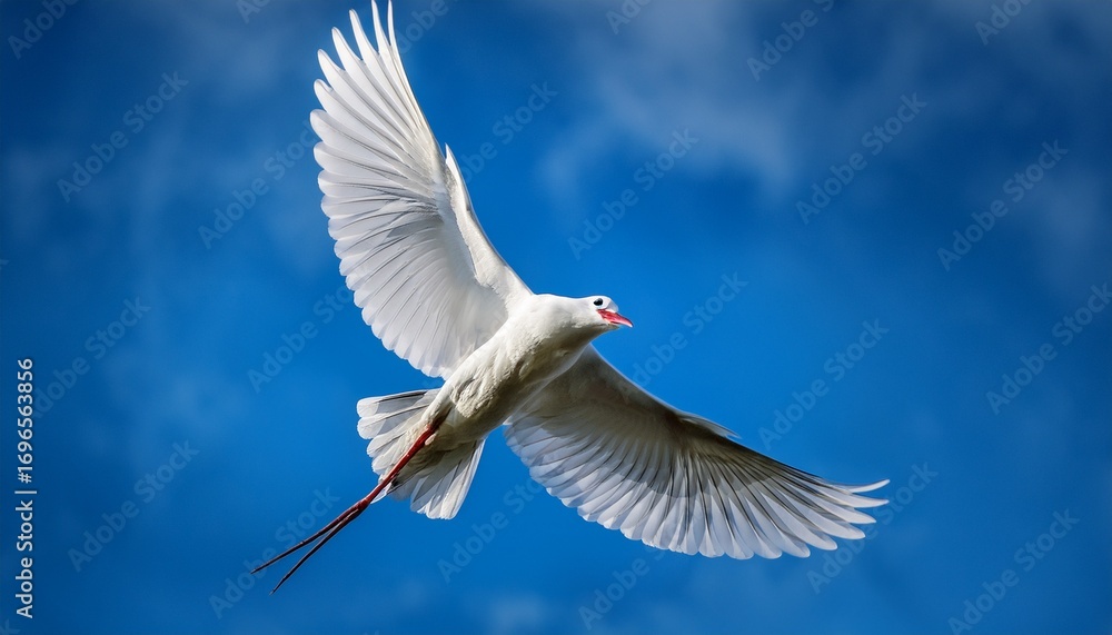 Fototapeta premium a white bird soars through the sky with spread wings and an open beak