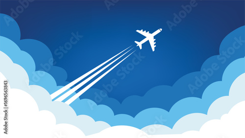 Airplane flying over the clouds. Airplane takeoff with clouds and background for text. A white airplane soars through a vibrant blue sky filled with clouds. Vector illustration.
