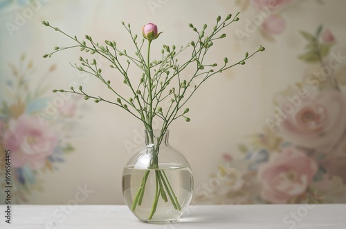 Clear vase filled with water holding green branches and a single bud