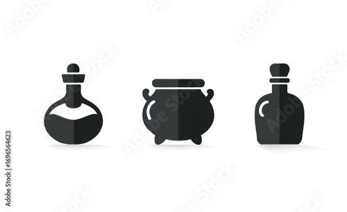 Simple stylized Halloween icons of potion bottles and a cauldron representing mystery and magic