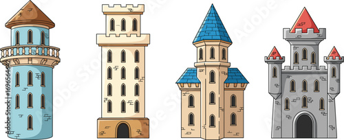 Cartoon Vector Set of Medieval Castle Towers Featuring Unique Architectural Styles, Stone Structures, Battlements, Arched Entrances, and Decorative Roofs