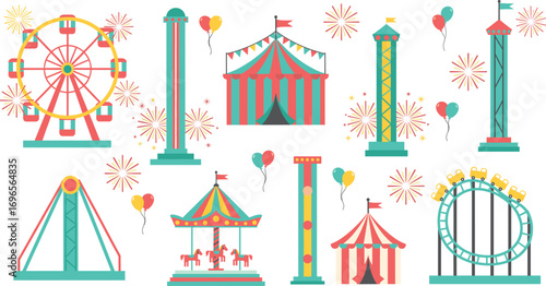 Colorful amusement park vector with Ferris wheel, carousel, roller coaster, circus tents, fireworks, balloons, festive carnival fun illustration design