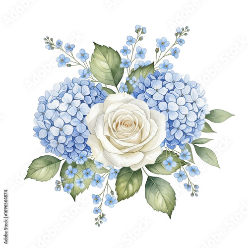 Blue hydrangea and white rose bouquet isolated on transparent background